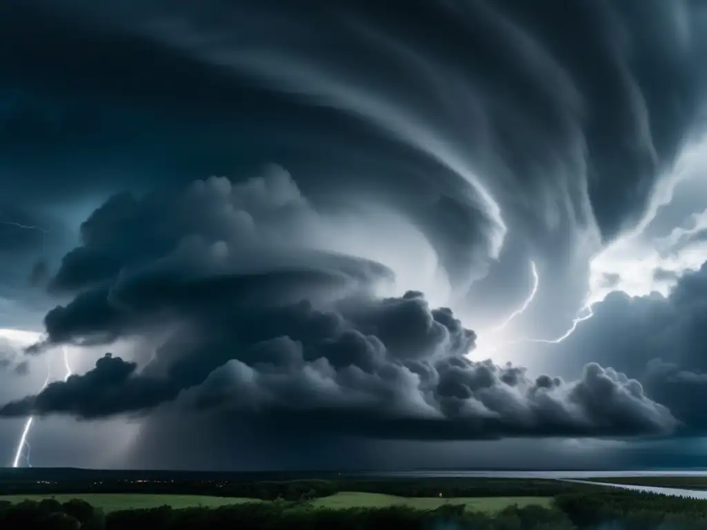 Low-level clouds in hurricanes, danger threatens to engulf in 16:9 form, with dark grey shadows swallowing bright skies