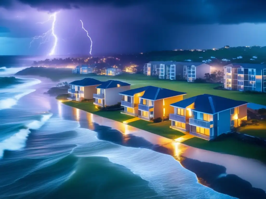 Severe storm lashes coastal apartment complex, creating waves crashing against walls, lightning lighting up the sky in the background