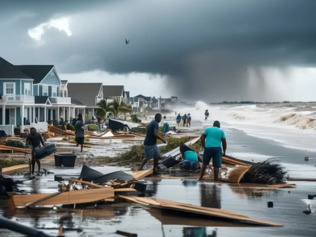 Amidst the wreckage of the hurricane, a resilient coastal town rises, with people working tirelessly to clean up and rebuild