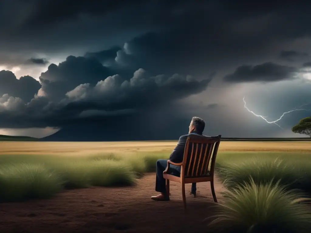 A chair rests in the midst of ruins, with a stormy sky looming in the background, as a lone person sits, lost in thought