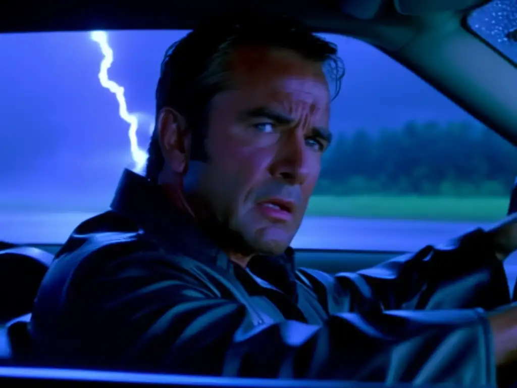 Intense storm scene from 'The Perfect Storm' with lightning strikes and rain pouring heavily