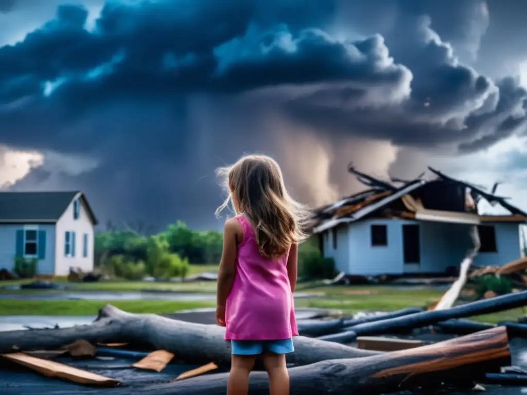 A young girl stands defiantly outside her demolished home, gazing up at the tempestuous sky