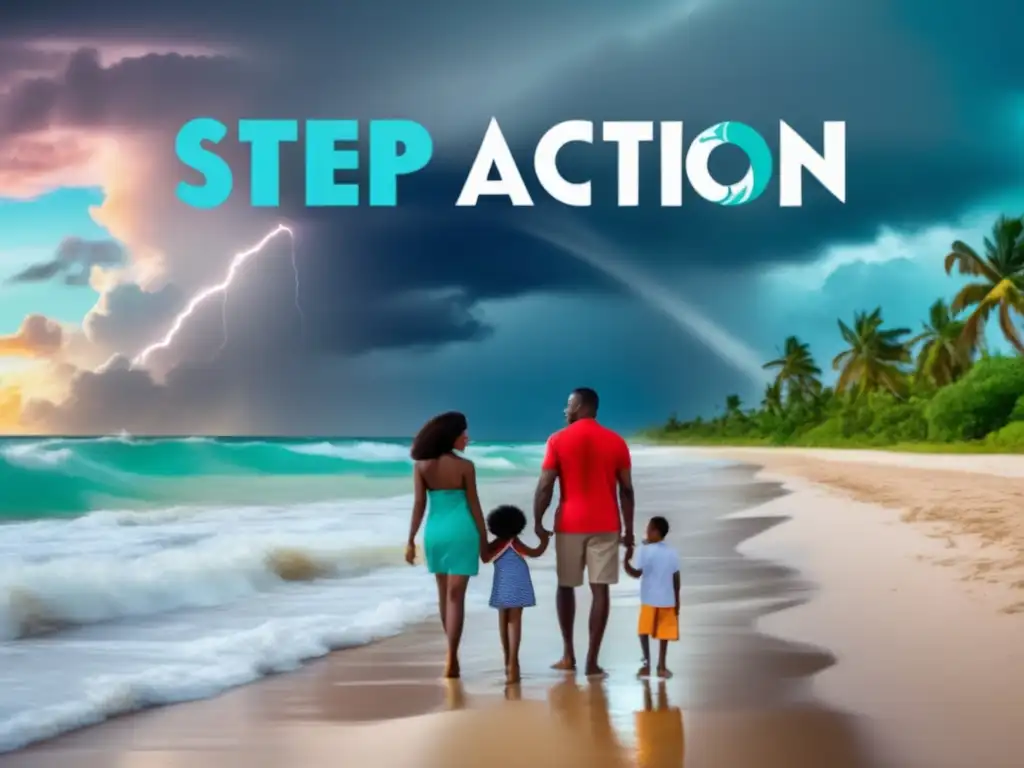 A family bravely stands together on a vibrant tropical beach, as a storm looms in the sky