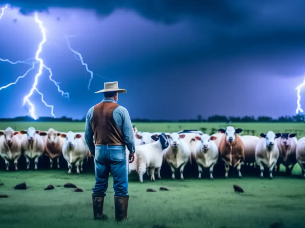 A farmer stands with his livestock in a pasture as lightning strikes ominously in the distance