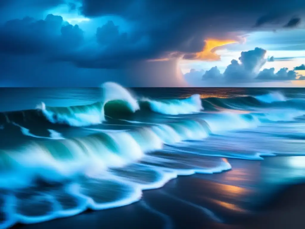 A dark and ominous view of the Florida coastline at sunset with waves crashing against the shore