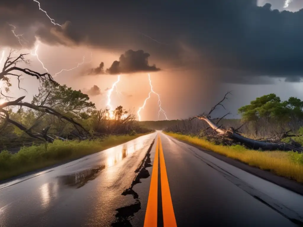 A cinematic image of a deserted forest road, with fallen trees on one side and a destroyed village on the other, leading to a stormy sky