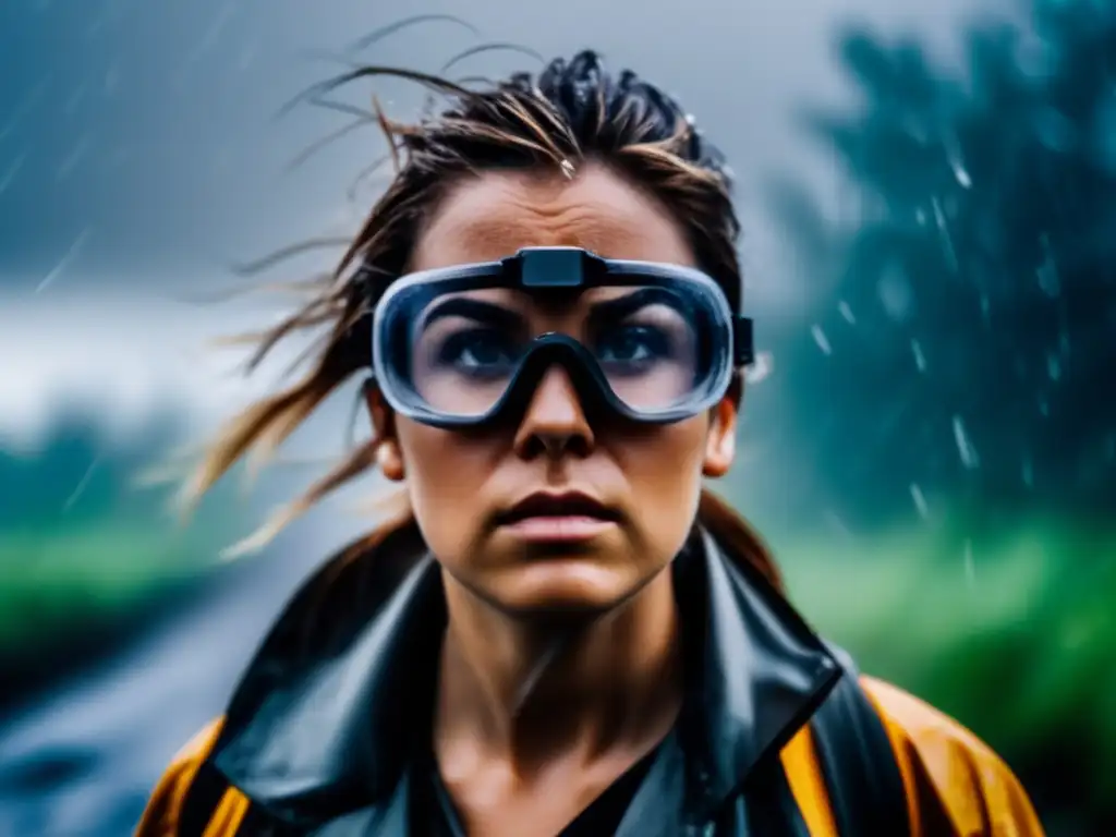 A cinematic image of a woman braving the storm, donning safety goggles with unwavering focus and determination