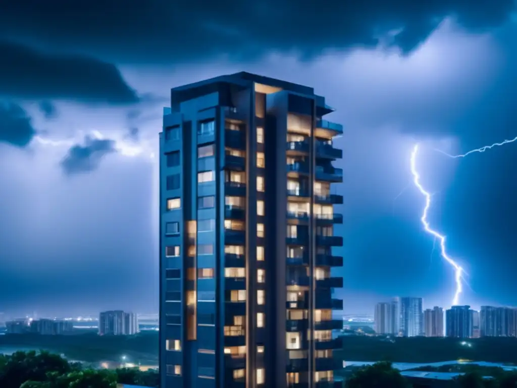 A dramatic cinematic image of a high-rise apartment building, standing tall and proud amidst a stormy sky with lightning in the background