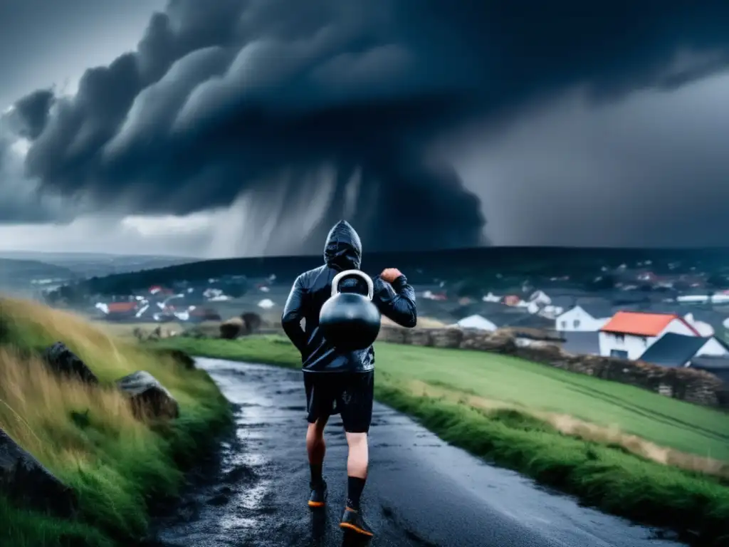 Person exercises on hill during hurricane, sweat pouring down their face as they hold a kettlebell--