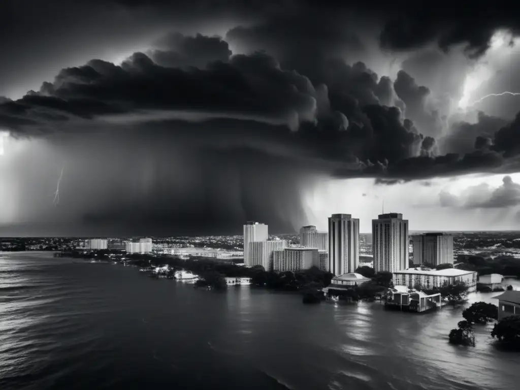 A haunting black and white photograph captures the ravages of a hurricane, with towering buildings dwarfed by a stormy sky's fury