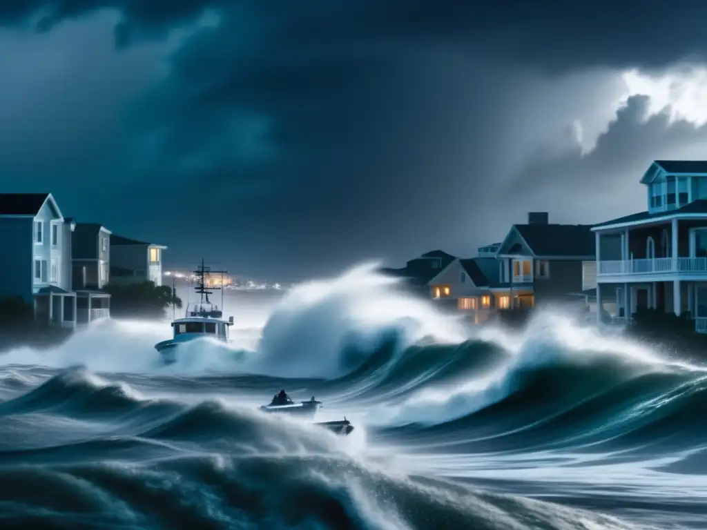 A heart-stopping scene of a hurricane's wrath, towering buildings engulfed by water, desperate people clinging to their boats