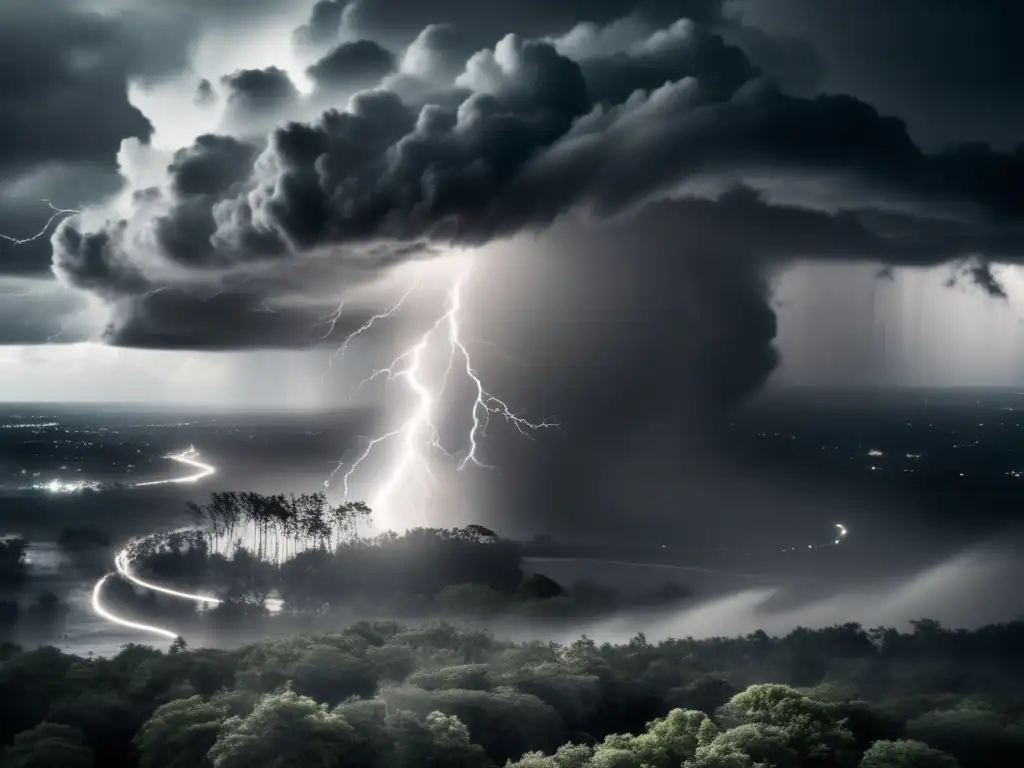 A dramatic and powerful image of a killer hurricane, captured from above, with swirling storm clouds in black and white around a lightning bolt at the center