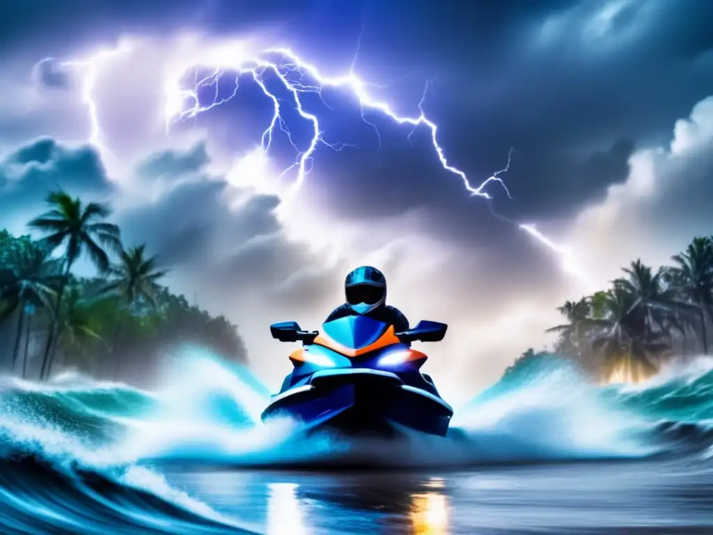 Amidst a hurricane, a person wears a mask and clings to a jet ski, their eyes closed and lips puckered