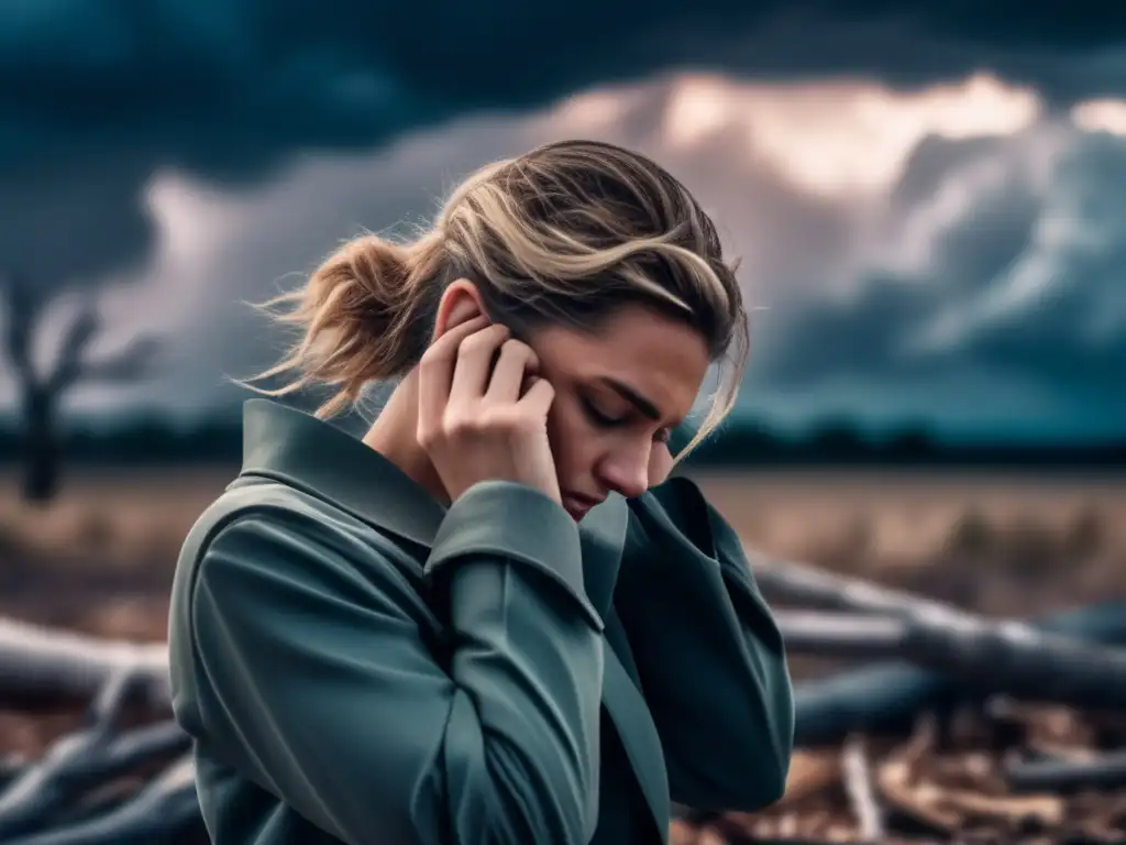 Somber individual, head in hands, stormy sky and fallen trees in the background, soft post-hurricane color palette