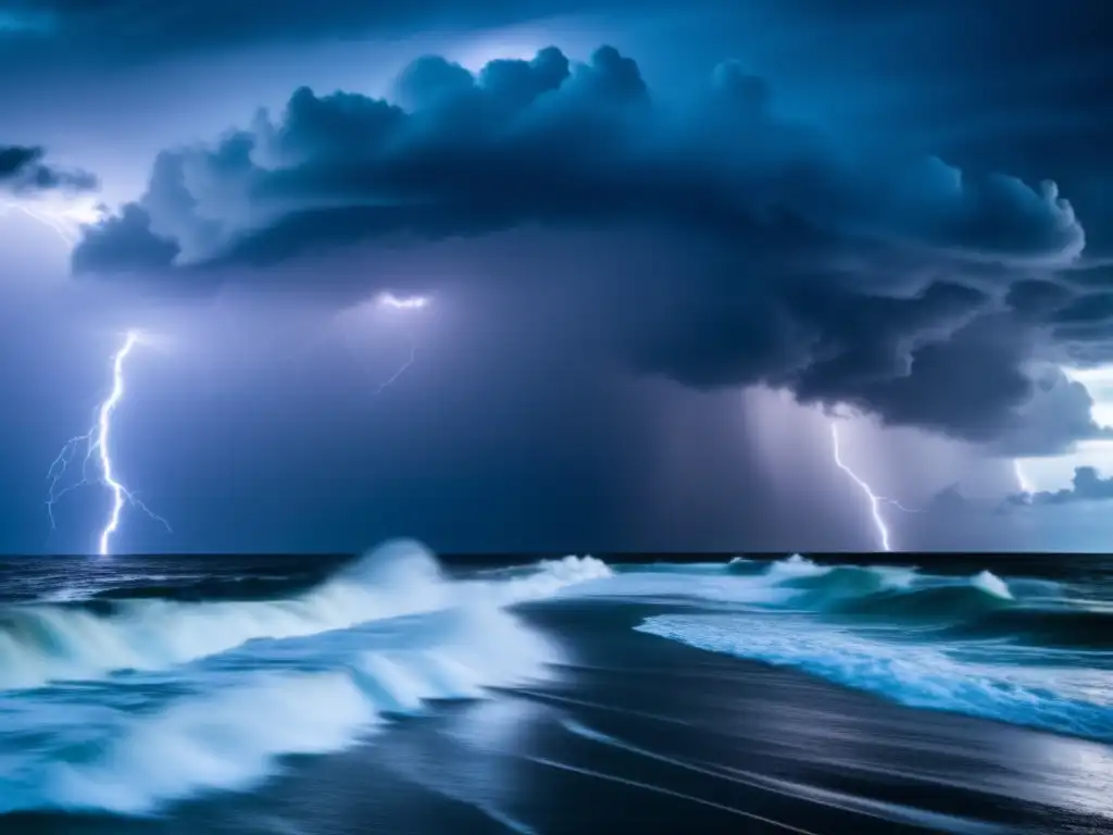 A hurricane brews offshore, as towering clouds and waves crash onto the shoreline