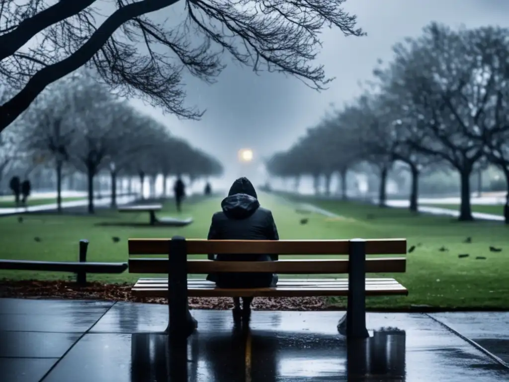 Amidst the turmoil of a stormy day, a person sits alone on a bench in a park, embracing themselves tightly and tears streaming down their face