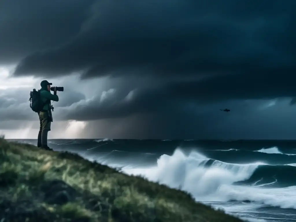 Amidst the chaos of a hurricane, a lone figure stands on a hill, his binoculars hanging around his neck