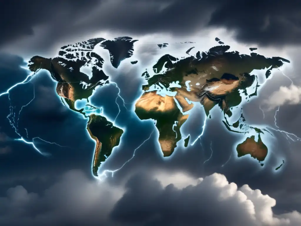 A gripping scene of two hurricanes on a world map, emphasizing the need for global cooperation in predicting and responding to natural disasters