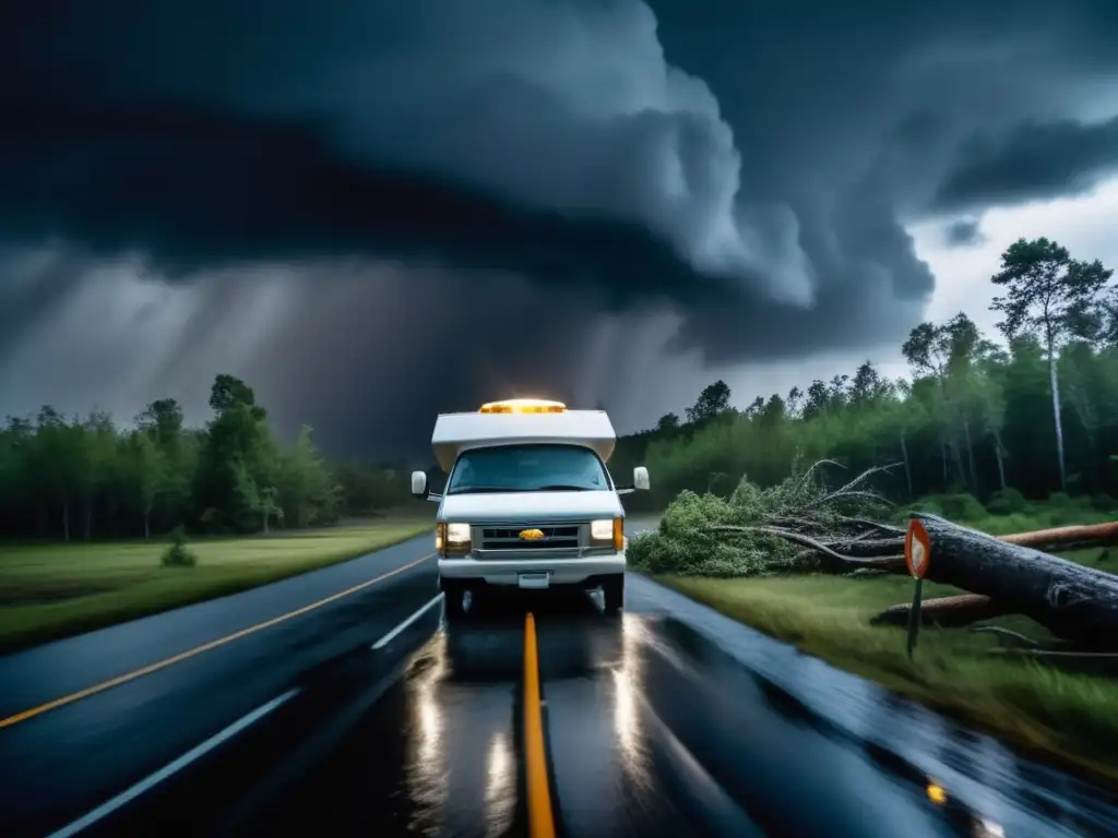 A harrowing image, capturing the essence of a hurricane's fury: a camper van navigates a stormy landscape, illuminated only by its brave headlights