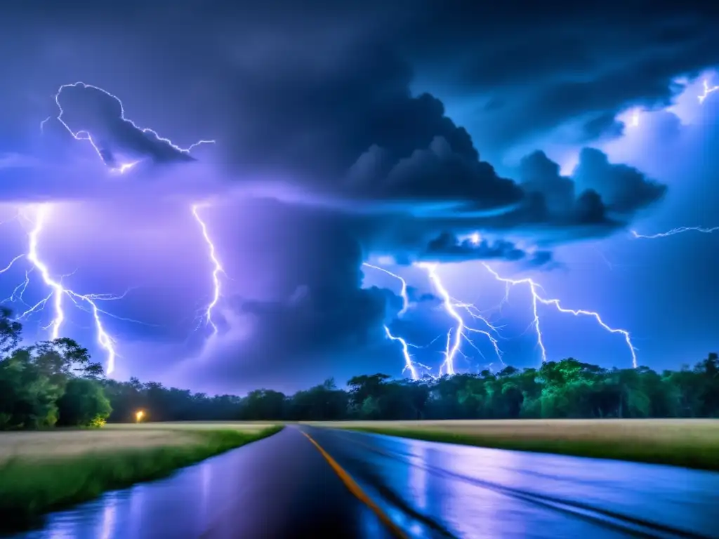 A dramatic and colorful image of a hurricane, with lightning bolts illuminating the stormy sky while a raging wind rages in the background