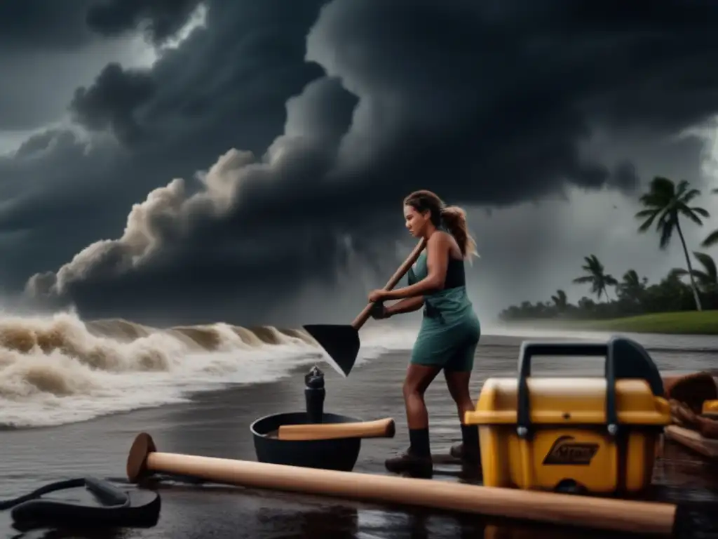 A woman bravely faces the fury of nature during a hurricane, wielding a water pump, hand saw, and hatchet to prepare for the impact