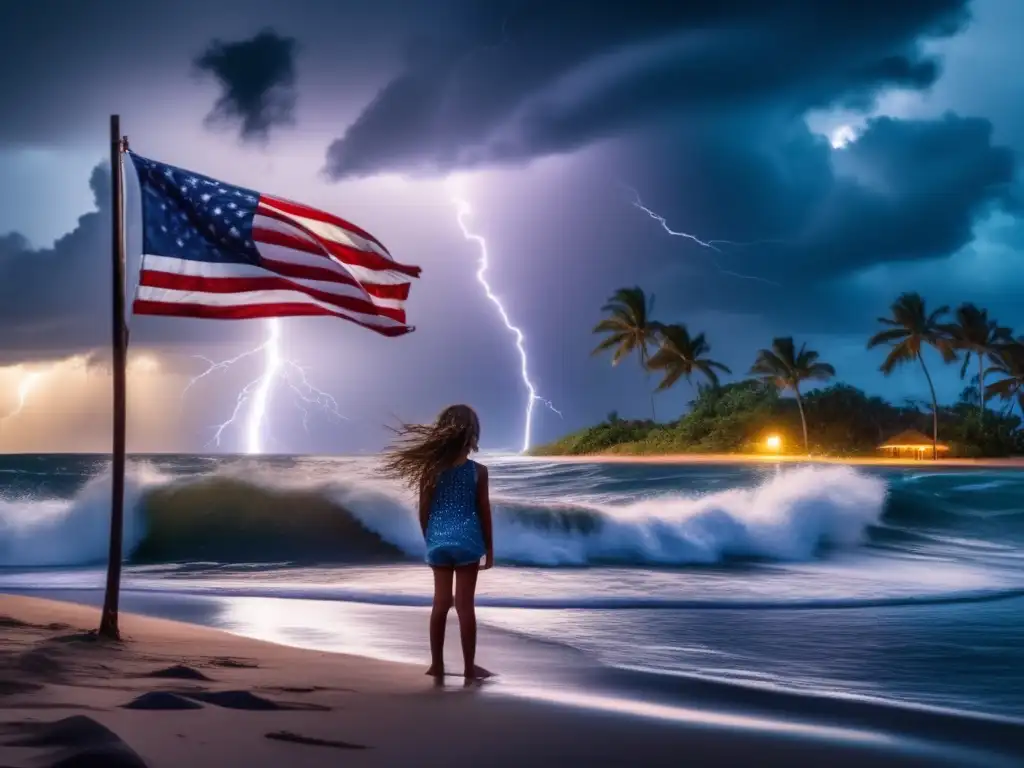 A young girl stands alone on a small island, her gaze lost in the stormy sky