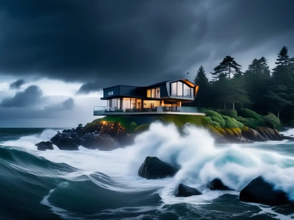 A breathtaking shot of a sturdy, modern house standing tall on a small island amidst a stormy sea, surrounded by towering trees and jagged rocks