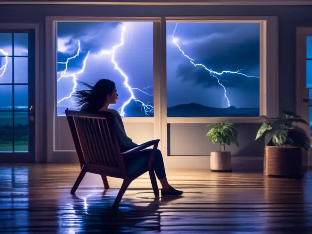 Amid the chaotic storm, a brave woman sits unflinching, with windows and doors flying all around her