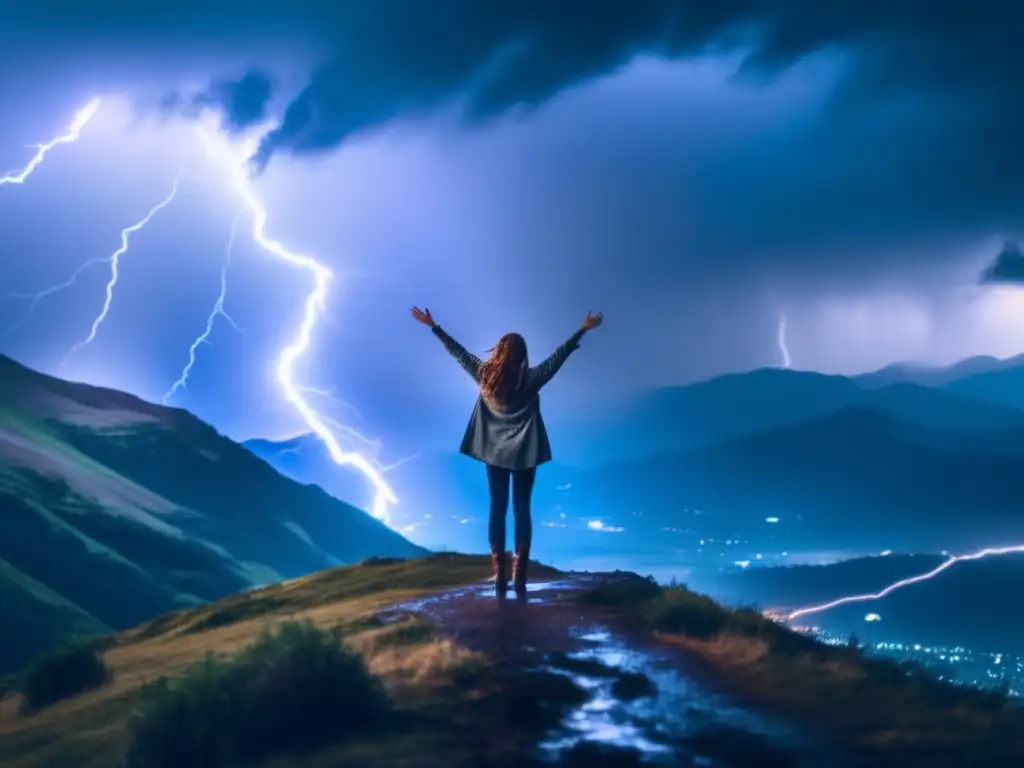 A woman stands alone atop a mountaintop, bravely facing the tempestuous sky