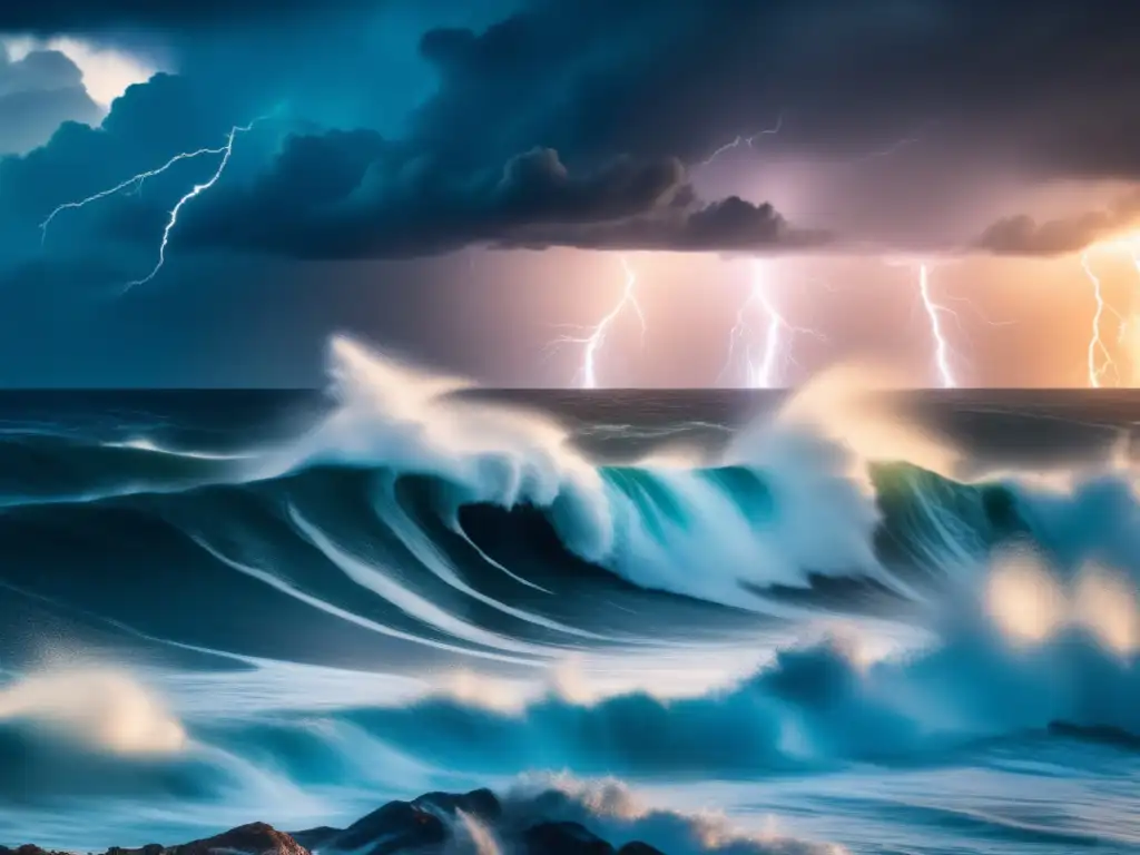 Storm over the vast ocean, lightning bolts illuminate the sky, massive waves crash against the shore, conveying the power and intensity of nature's most powerful storms