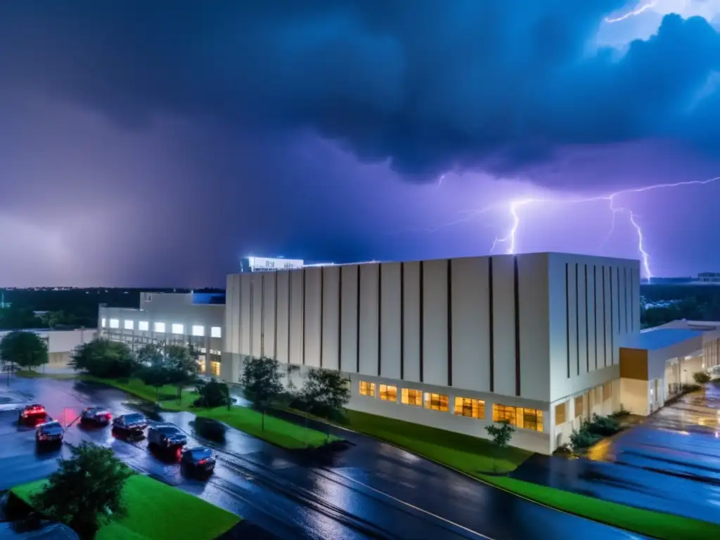 Powerful and chaotic image of Memorial Medical Center during a hurricane, with vibrant emergency generators lighting up the night sky