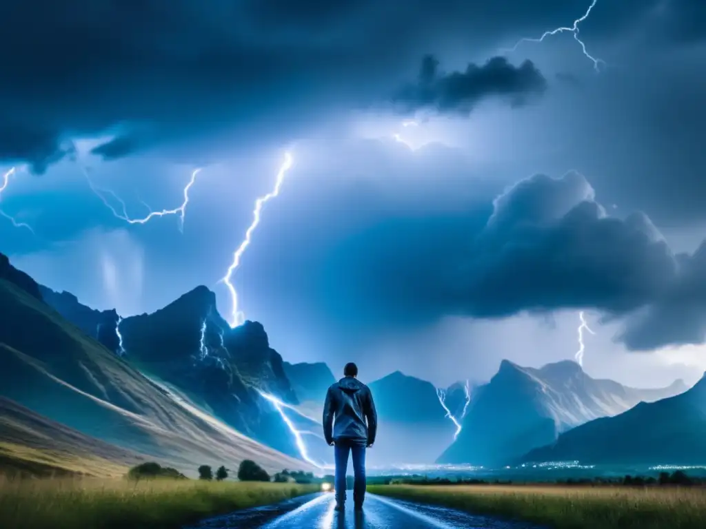 A dramatic cinematic style image captures the essence of a stormy sky, with lightning illuminating the clouds and rain pouring down in sheets