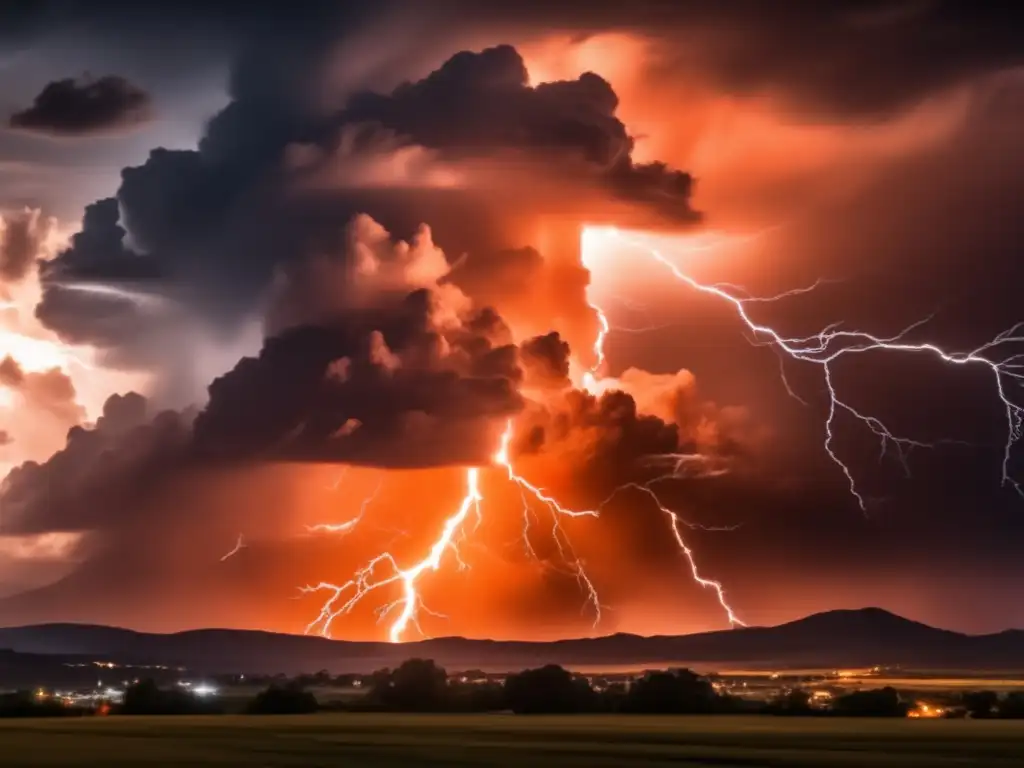 In this high-resolution cinematic image, the effects of the violent storm illuminate the skyline with bright orange and fierce lightning