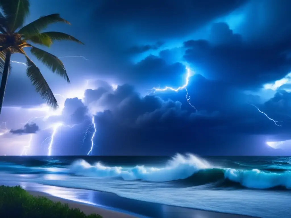 A breathtaking, cinematic image of a stormy night, with lightning illuminating the sky, casting shadows on the surrounding ocean