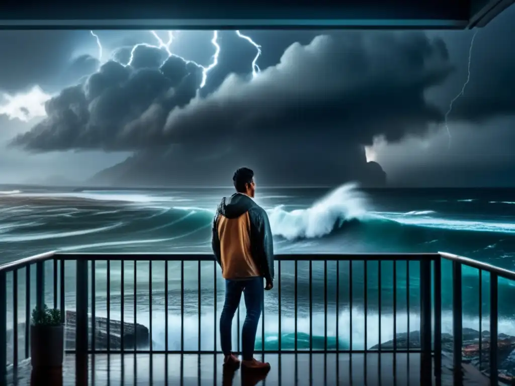 Dramatic balcony scene, stormy sea, dark clouds, raindrops, turmoil on water, damp buildings, hazy horizon, gloomy atmosphere