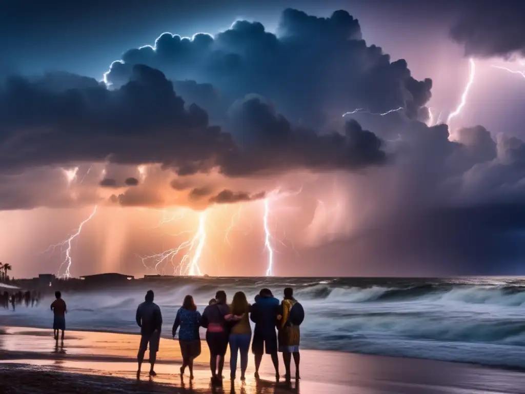 A powerful storm approaches a coastal town as the sun sets behind the distant horizon