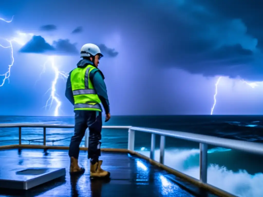 A stormy sea roars in the background as a person stands atop a roof, wearing a helmet and clutching onto its edge