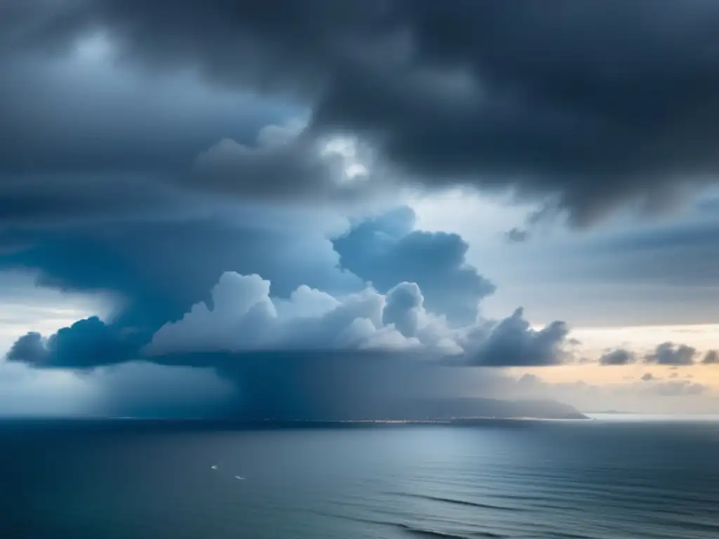 A serene, aerial view of the ocean gradually turns into a breathtaking scene of a massive hurricane raging over the sea