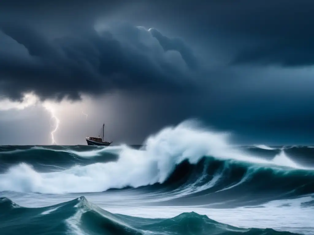 A cinematic depiction of a powerful storm raging over the ocean, with dark clouds engulfing the horizon