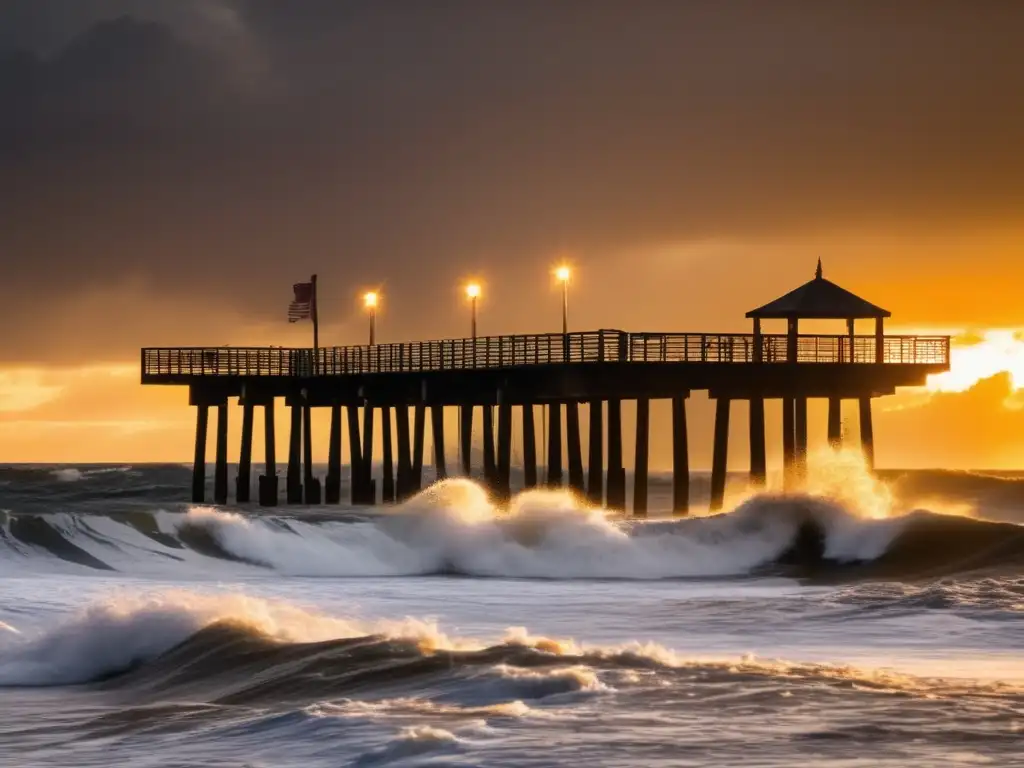 A dramatic image captures a pier standing tall as a storm surge crashes against its athenian columns, casting deformation on the deep and murky waves