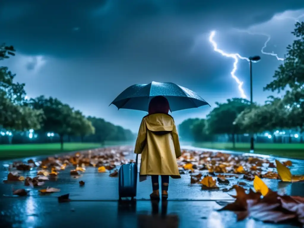 A child playing hide and seek in a park during a hurricane, surrounded by fallen branches and leaves, with the sky visible behind