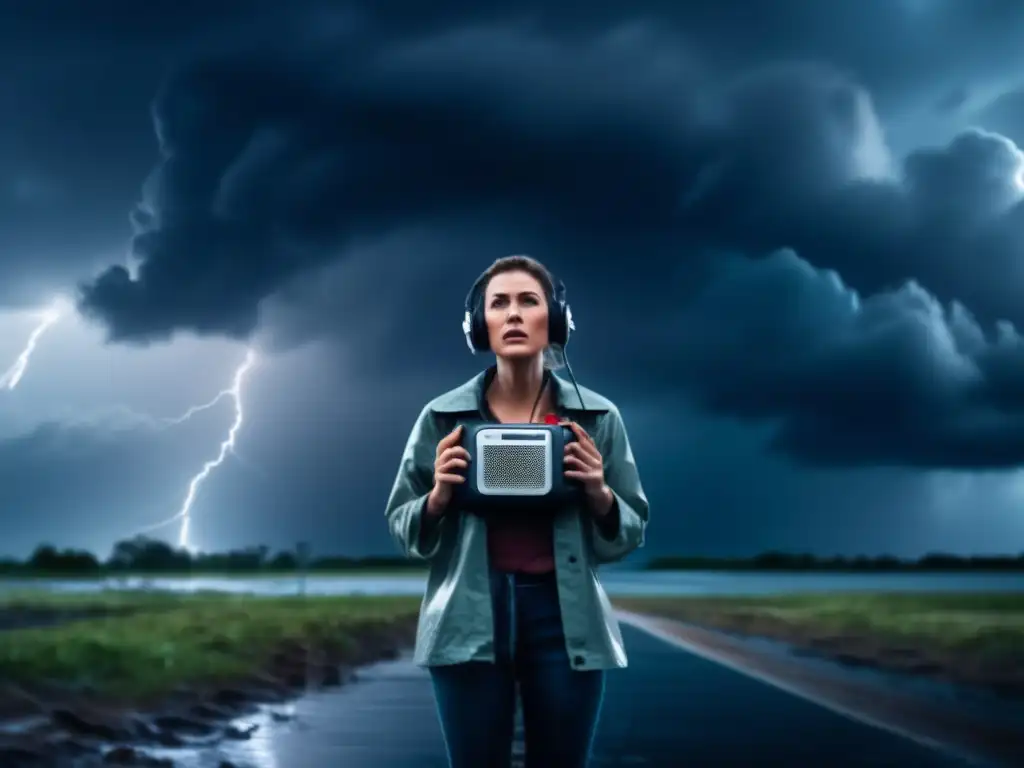 In the face of the storm, a determined woman stands tall, clutching an emergency radio with an antenna reaching skyward