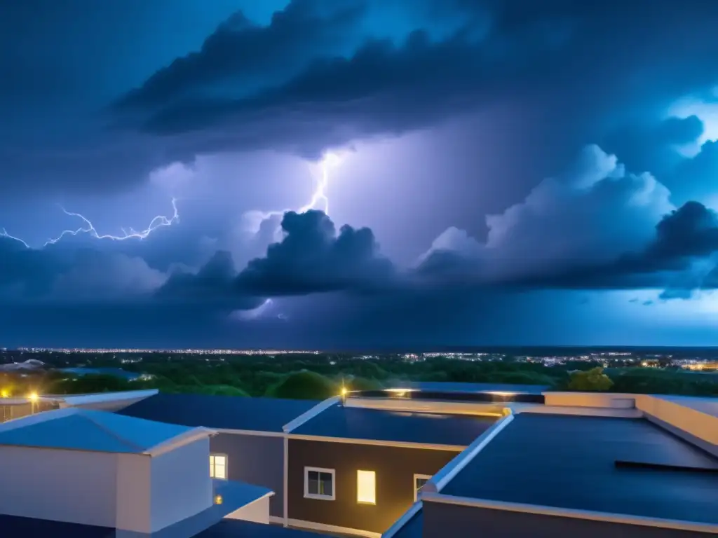 A mesmerizing 8k ultradetailed image of a stormy night sky, captured from a safe rooftop of a sturdy building during a hurricane