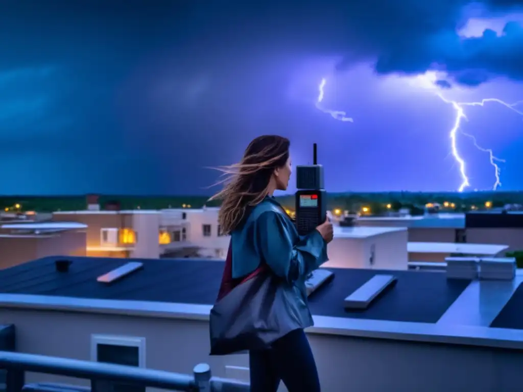 An isolated woman braves the storm on a rooftop, clutching a radio as lightning casts shadows on surrounding buildings