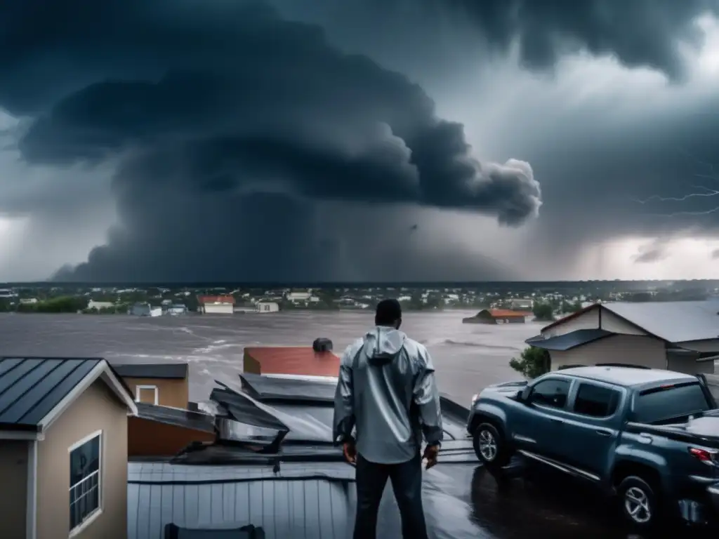 A person bravely stands on a rooftop during a hurricane storm, wearing Liquid Bandages to protect against injuries