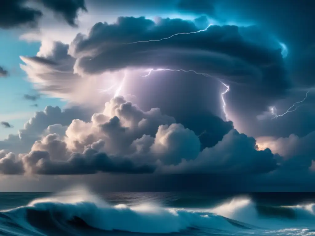 An intense hurricane with towering clouds and lightning illuminations swirling in the ocean, creating a cinematic and dramatic angle