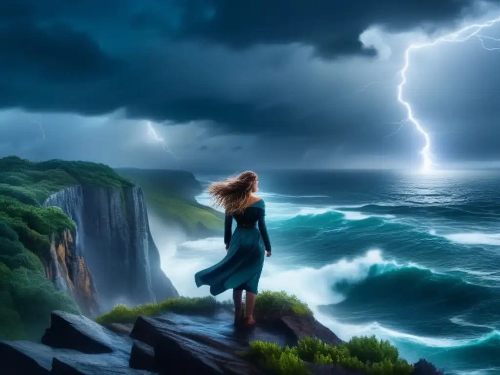 A woman stands alone on the edge of a cliff, sens swept by the fierce storm