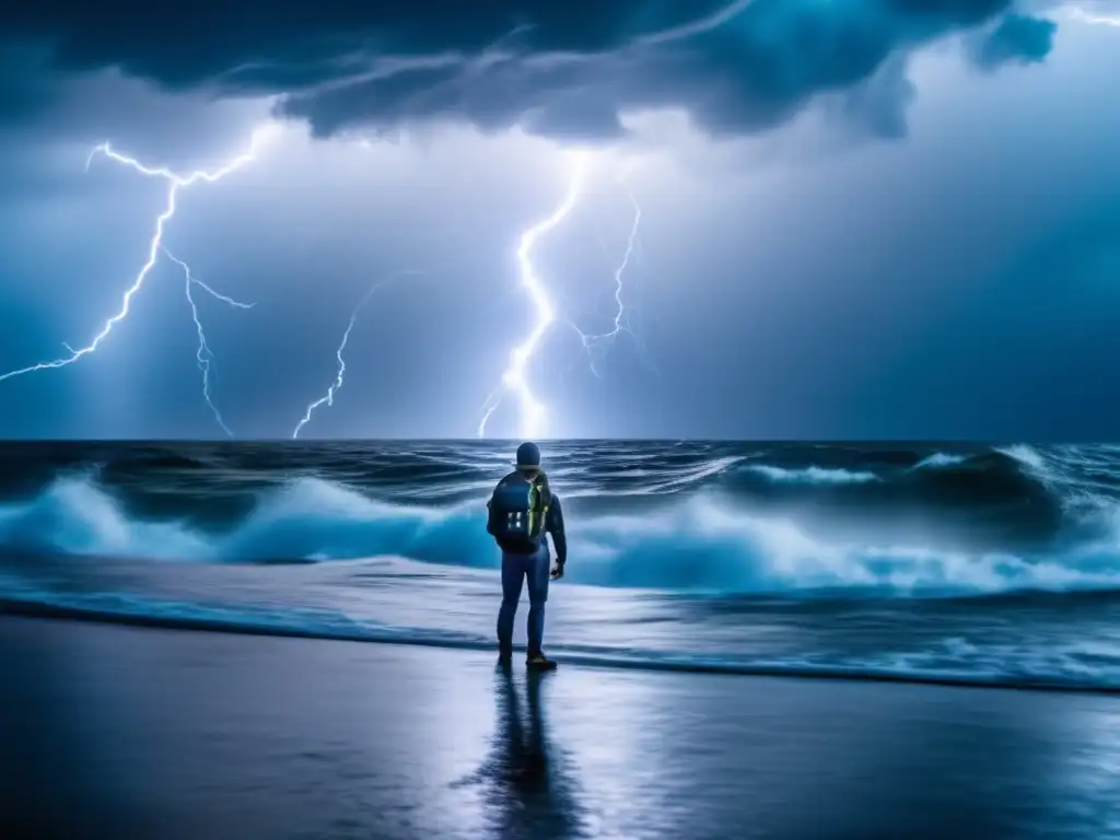 Drones bravely capture footage of a stormy sea, with lightning illuminating the sky and rain pounding down on their tiny bodies