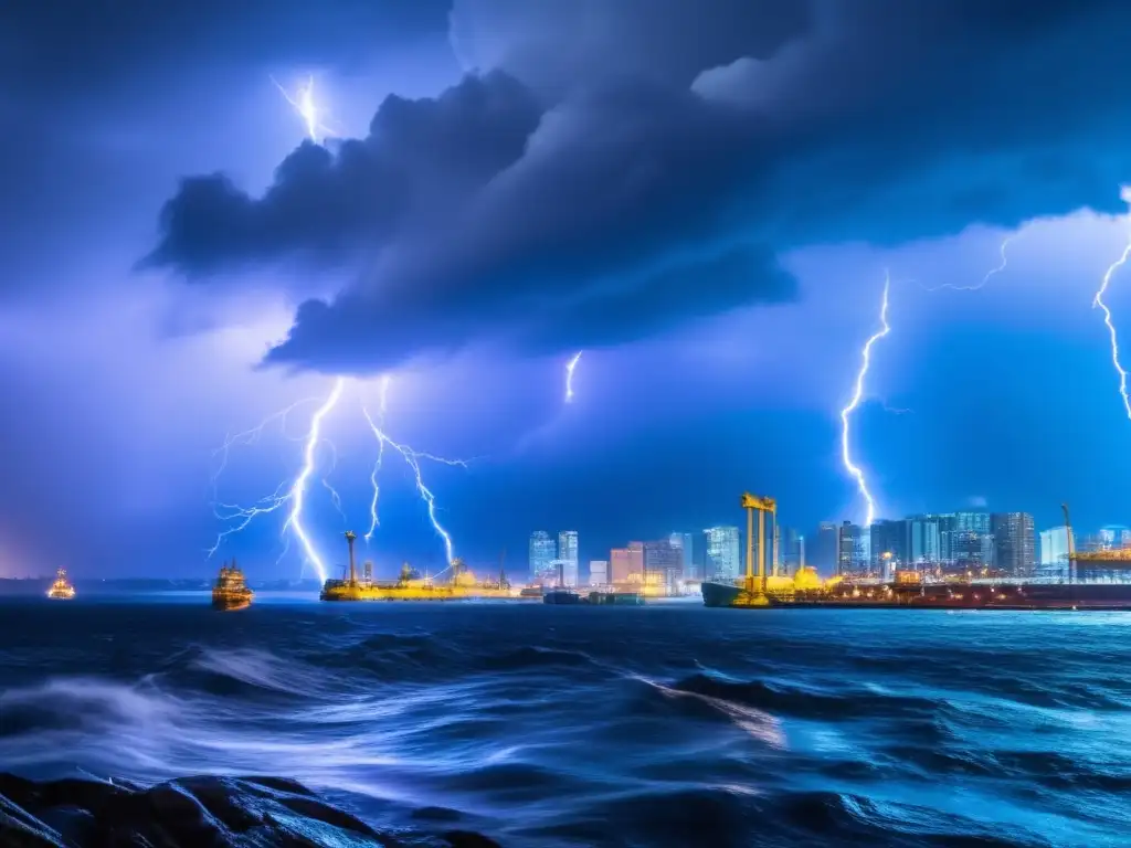 A stunned cityscape battling a furious nature: torrential rain, intense winds, lightning, and thunder in the flashing sky