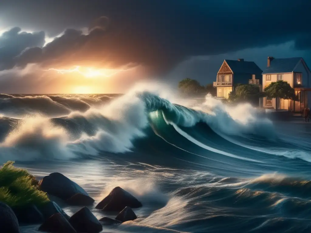 A tempestuous sea roars, drenching the shore in torrential rain as thunder crashes and lightning illuminates the stormy sky